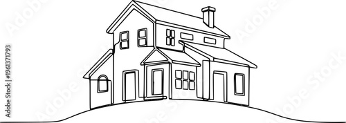 Abstract house on the hill in continuous line art drawing style. Residential building, real estate black linear design isolated on white background. Vector illustration