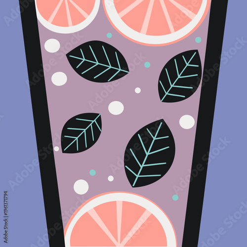 Flat vector illustration of a refreshing purple cocktail with grapefruit slices and dark green mint leaves in a tall glass, perfect for summer menus or beverage branding concepts.