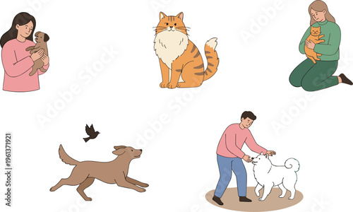 Set of pet ownership vector illustrations showing people playing with dogs holding cats and animals in clean line art.