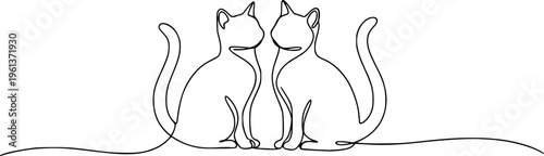 Continuous one line drawing of two happy cats silhouettes.
