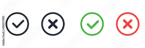 Voting buttons, red, green, right, wrong, can, yes, no, flat, line, black, accept, reject, flag, false, true, mark, absence, close, approve