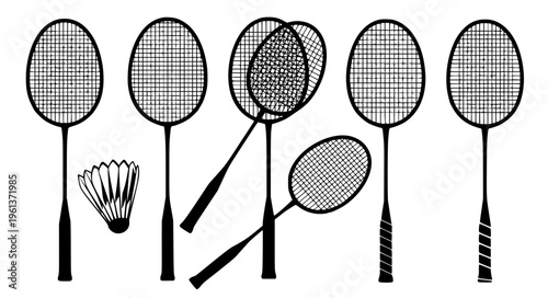 Stylized badminton racket vector silhouette icon set EPS10 isolated on white