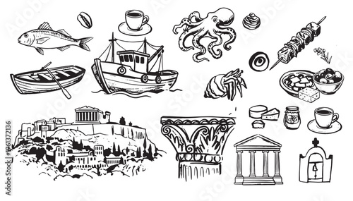 Hand drawn Mediterranean lifestyle vector element set, Italian summer icons with scooter, seafood, wine and architecture, vintage doodle illustration isolated on white