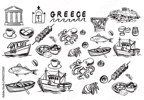 Hand drawn Mediterranean lifestyle vector element set, Italian summer icons with scooter, seafood, wine and architecture, vintage doodle illustration isolated on white