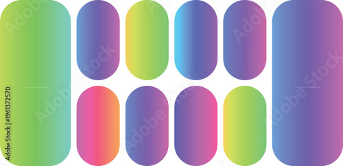 Vibrant gradient capsule shapes, set of 10 colorful rounded pill elements for UI design, modern abstract geometric vector buttons, soft neon color palette for web and app interfaces