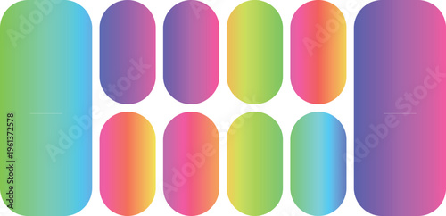 Vibrant gradient capsule shapes set, colorful rounded rectangle buttons for web design and mobile apps, modern neon pill-shaped vector elements, bright aesthetic UI components collection