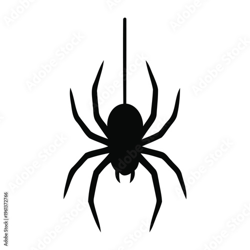 Hanging Spider Silhouette Icon - Spooky Arachnid on Web String Vector for Halloween