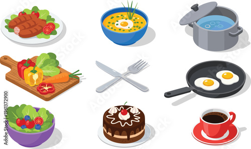 Comprehensive Food and Kitchen Vector Set Featuring Breakfast Eggs Coffee Chocolate Cake Fresh Salad Sausages and Cooking Utensils for Restaurant and Cafe Menu Design