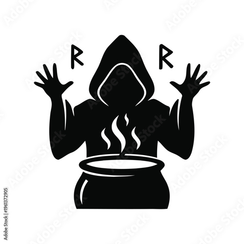 Witch or Wizard Silhouette Icon - Hooded Figure with Magic Cauldron and Runes Vector