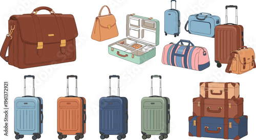 Professional Luggage and Travel Bag Vector Set with Leather Briefcase Rolling Suitcases Duffel Bags and Open Vanity Case for Business Trips and Tourism Designs