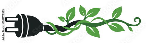 Electric plug intertwining with a growing plant, representing eco-friendly power, sustainability, and harmony between nature and technology