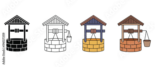Water well four styles, black solid, glyph, outline, minimal, flat, multicolor filled, cartoon, flat shaded, featuring water well illustrations