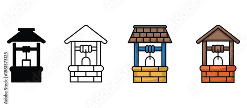 Water well four styles, including black solid, glyph, outline, minimal, flat, multicolor filled, cartoon, flat shaded, showcasing wells, water source icons, rural landscape graphics
