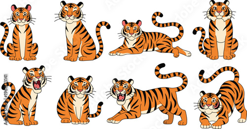 Cute Cartoon Tiger Character Vector Set with Various Poses Including Sitting Roaring Laying Down and Playful Expressions for Kids Illustration and Mascot Design