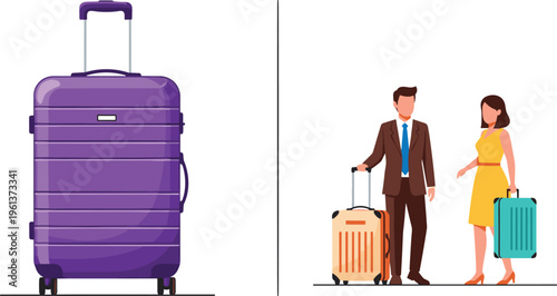 Modern Business Travel Vector Set with Large Purple Suitcase and Professional Man and Woman in Formal Attire Carrying Luggage for Corporate Tourism and Journey