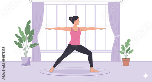 Young woman practicing yoga warrior pose in a bright minimalist living room for wellness health and home fitness concepts.