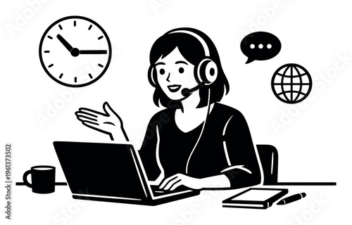 Woman wearing headset with microphone, typing on laptop, consulting for customer service and remote work