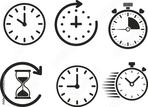Timeline Symbol Vector Set with Clock, Stopwatch, Wristwatch, Countdown Timer, Progress Loading Bars and Fast Speed Clock Icons for Time Management, UI Design and Productivity Concepts