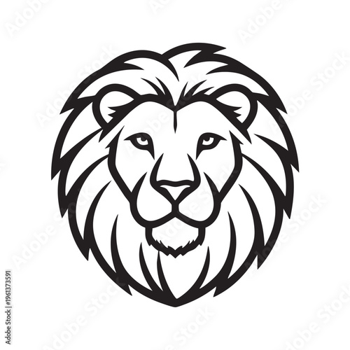 A majestic lion with a thick mane is illustrated in a bold black outline.