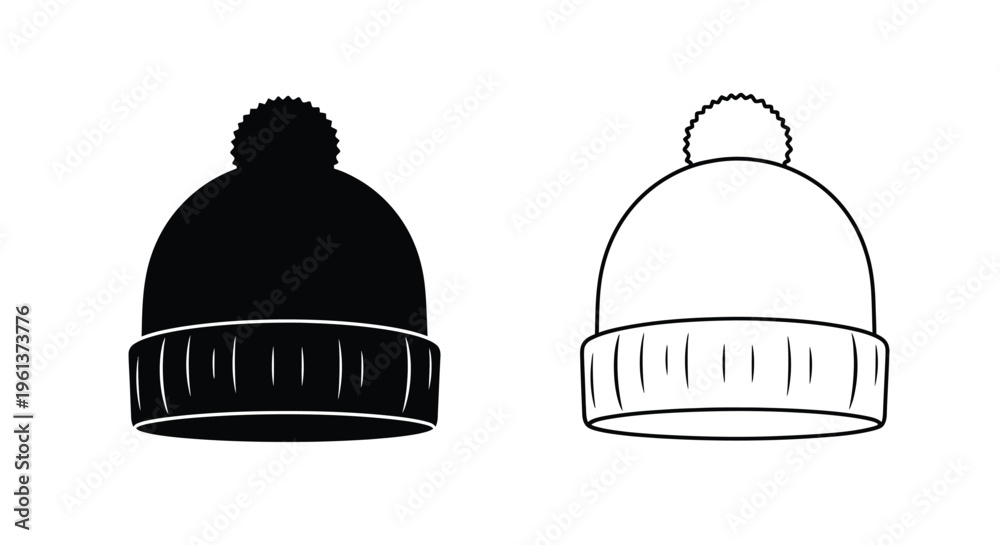 Fototapeta premium Two winter hats displayed a black fill and a white outline silhouette