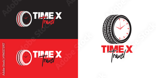 Creative and modern logo design featuring a unique combination of a tire and clock, symbolizing speed, time, and travel. Designed with a bold red, black, and white color palette, this logo is ideal fo