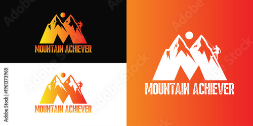 Modern and creative logo design featuring a mountain peak with a climber silhouette and sun element, combined with bold typography “Mountain Achiever”. This design represents success, achievement, 