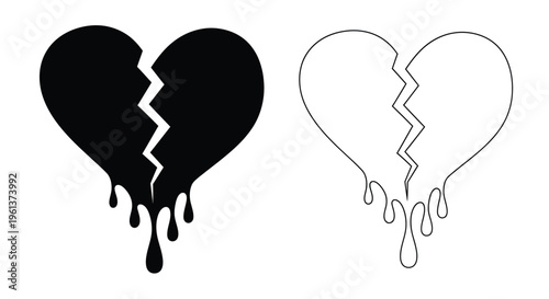 Broken heart illustration with a solid and outline version silhouette