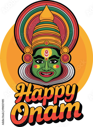 Happy Onam Kathakali Face Cartoon Traditional Kerala Illustration