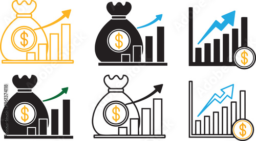 Financial Growth Icons: A collection of six graphic icons representing financial growth, depicting a money bag paired with an upward-trending chart and dollar sign.