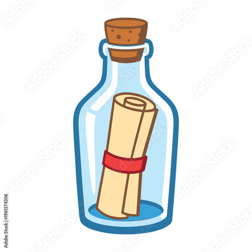 Glass bottle with a cork stopper and a rolled paper scroll inside, featuring a red ribbon, symbolizing communication and discovery