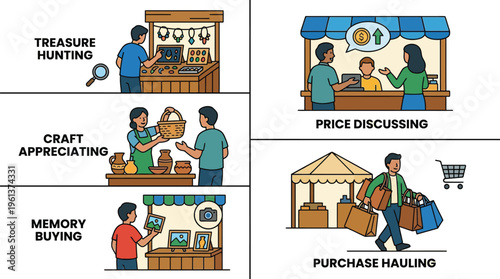 A four-panel illustration depicts various stages of engaging with a flea market, including treasure hunting and purchase hauling.
