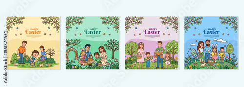 Family Easter egg hunt outdoors in spring garden, parents and children collecting eggs with baskets, bunny and flowers in nature scene, cheerful Set vector illustration for holiday activity