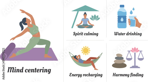 Woman performs a yoga warrior pose next to illustrations showing mind centering, spirit calming, water drinking, energy recharging, and harmony finding activities.