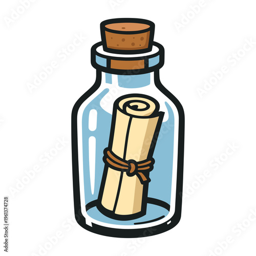 Message in a bottle concept, communicating a secret or request using a scroll inside a glass jar