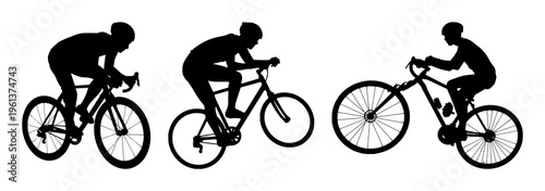 Bicycle racing silhouette set with dynamic streamlined cyclist and bold line art featuring cycling, sport, motion with speed and competition