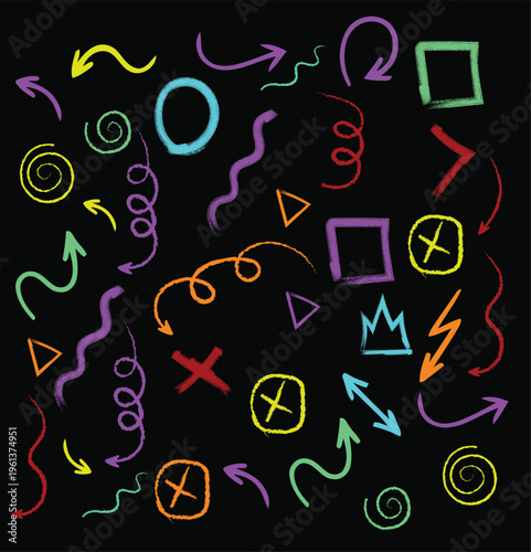 Colorful collection of handdrawn arrows and shapes on for design elements