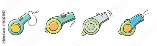 Colorful sports whistle vector set, 4 plastic referee whistle icons with lanyards, athletic coach equipment for training and games