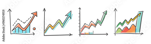 Hand drawn business growth charts, set of 4 colorful sketch financial graphs, upward arrow data visualization icons for presentation and reports