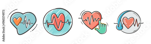 Hand drawn heart rate icons set, medical heartbeat pulse vector elements, cardiogram and health monitoring symbols for healthcare apps