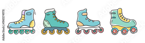 Retro roller skates and inline blades set, colorful vintage rollerblades collection, 4 hand drawn doodle style skating icons on white background