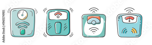 Smart bathroom scale icons, digital weight scales set, modern health tracking SVG icons