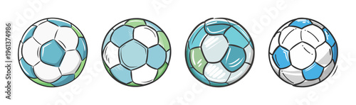 Hand-drawn soccer ball set, blue and green football icons, 4 sports equipment SVG assets