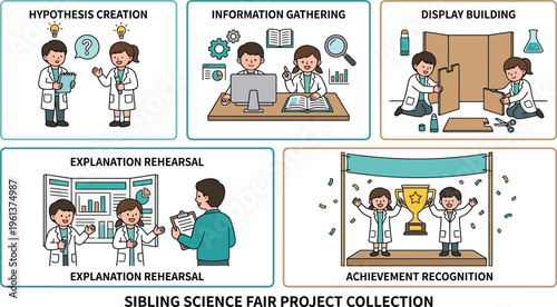 Young scientists detail the process of a science fair project from hypothesis creation to achievement recognition.