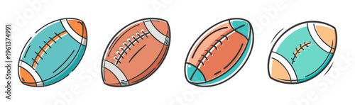 American football doodle set, 4 colorful sports ball icons, hand drawn athletic svg art
