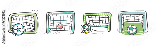 Hand drawn soccer goal icons, 4 sketch football gate illustrations, doodle sport svg