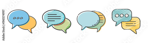 Hand drawn speech bubble icons, colorful chat message symbols, 4 vector dialogue sets