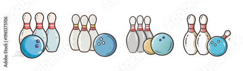 Bowling ball and pins icons showing different arrangements and actions