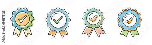 Set of four colorful completion badges with checkmarks and ribbons, vector icons.