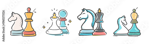 Hand-drawn chess piece icons including king, queen, and knight, representing strategy.