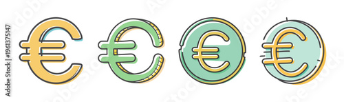 Euro currency symbols in various stylized designs and colors for finance